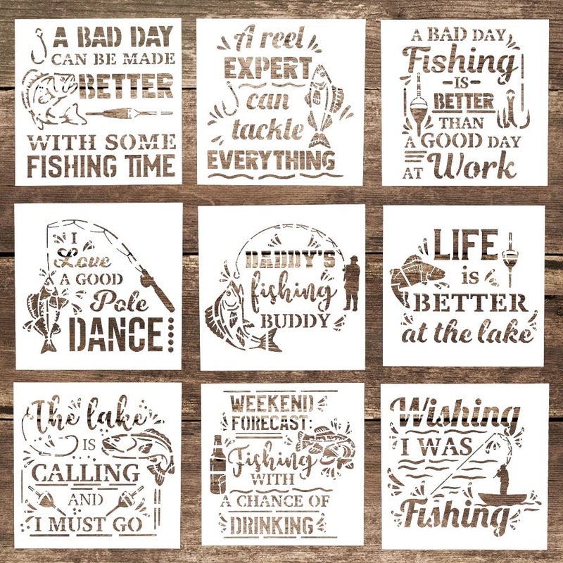 SLGIFT DIY Decorative Letter Stencil Template for Scrabooking Painting on Cake, Wood,Canvas,Floor,Wall,Tile (5.9 x 5.9 Inch), Set of 9 (Fishing) - Image 1